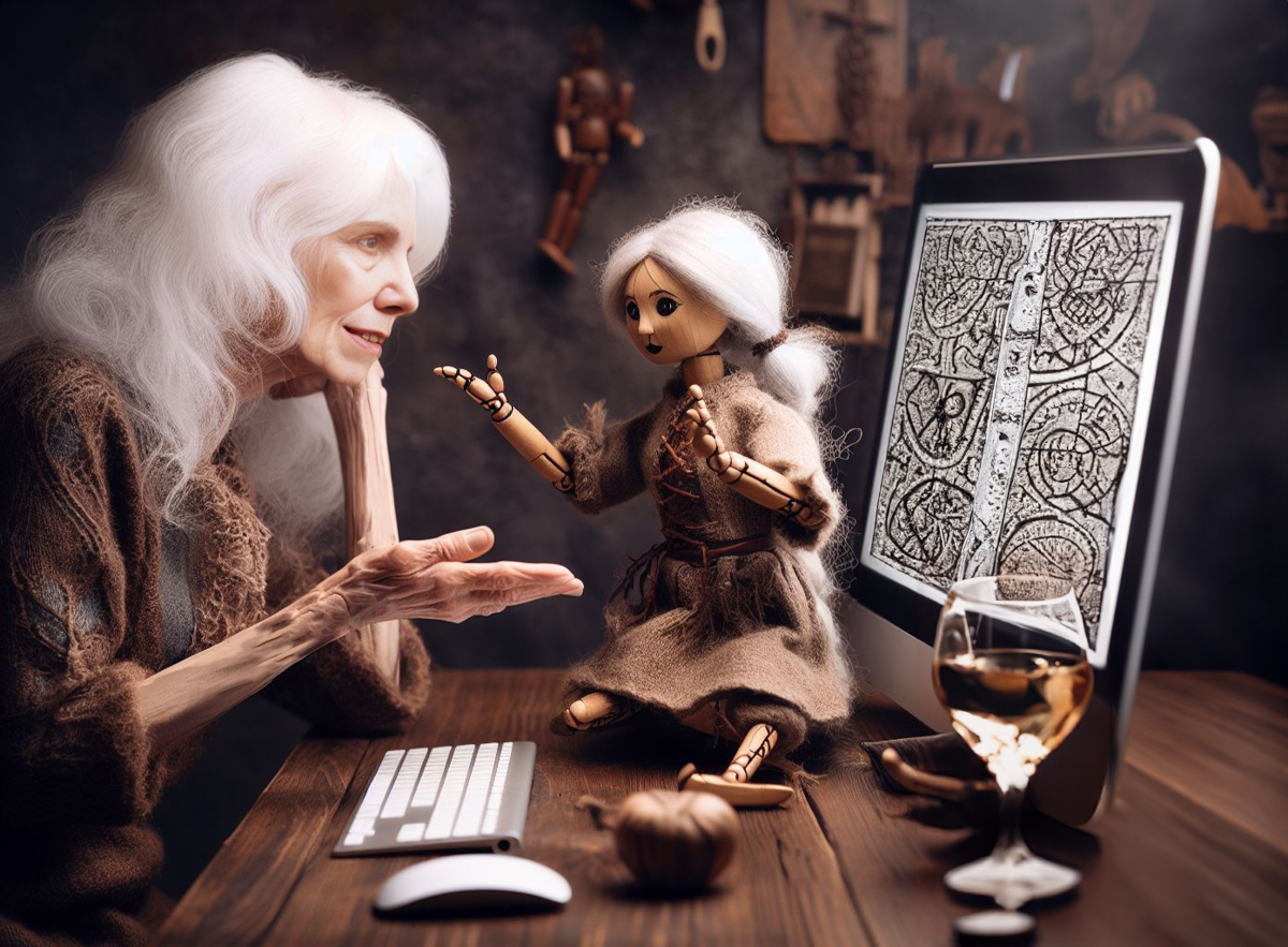 Woman at her computer having a conversation with a doll